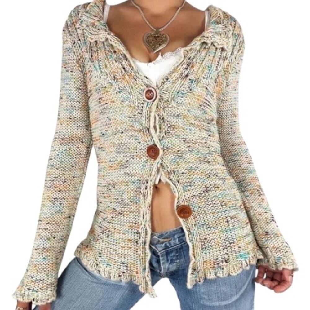 BCBGMAXAZRIA Multicolor Knit Button Cardigan Sweater Sz Medium Boho‎ Cottagecore